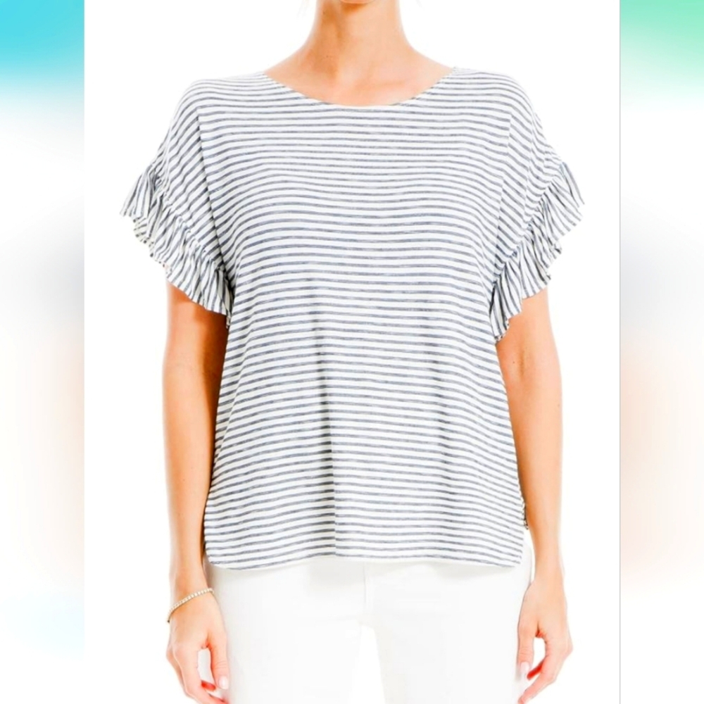 Max Studio Women's Ruffle Sleeve Knit Top Shirt Black White Striped Size 2X